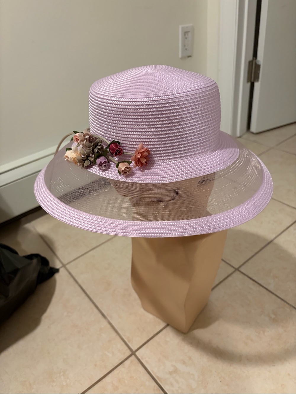 Lord & Taylor Lavender Pink Floral Wide Brim Sheer Dress Church Wedding Hat